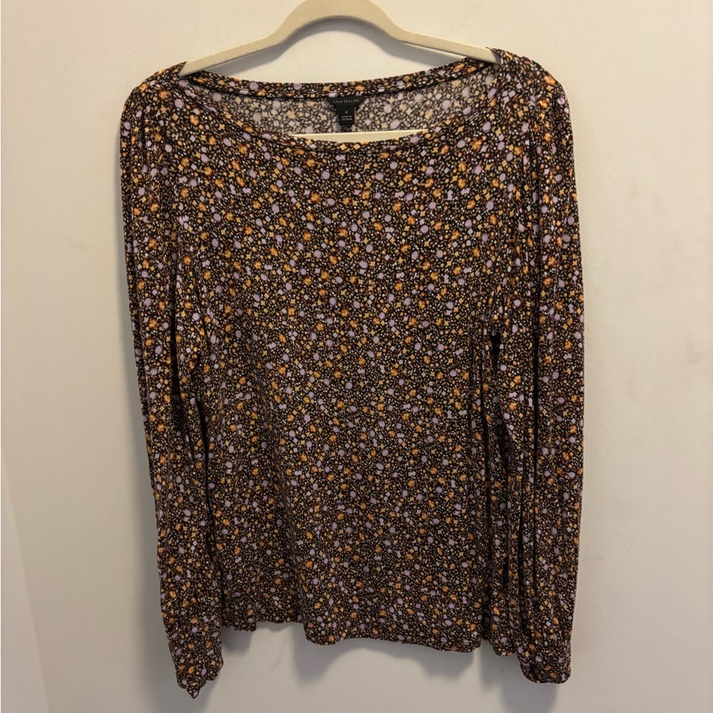 Ann Taylor Floral Draped Sleeve Boatneck Top